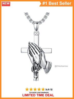 925 Sterling Silver Praying Hands Cross Pendant Necklace Gift Box
